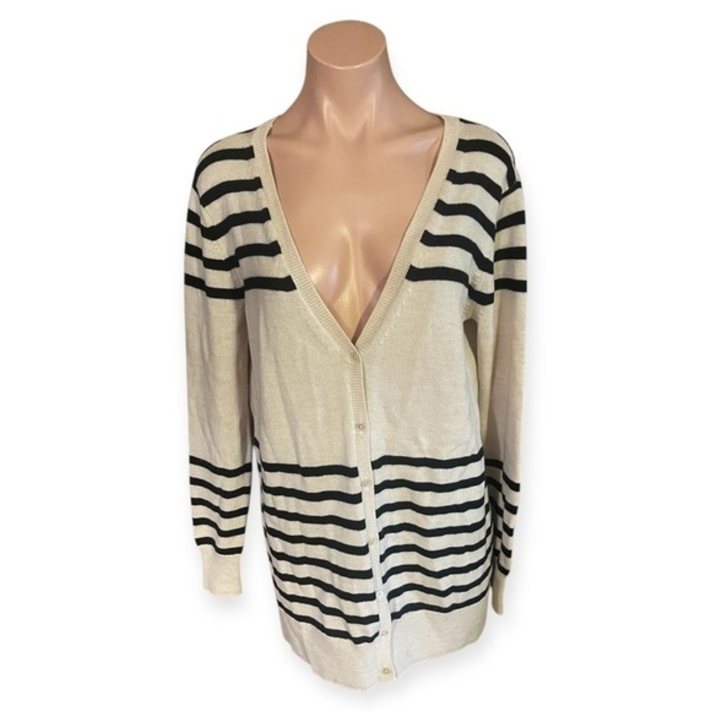 Haute Hippie Large Tan And Black Striped Merino Wool Cardigan
